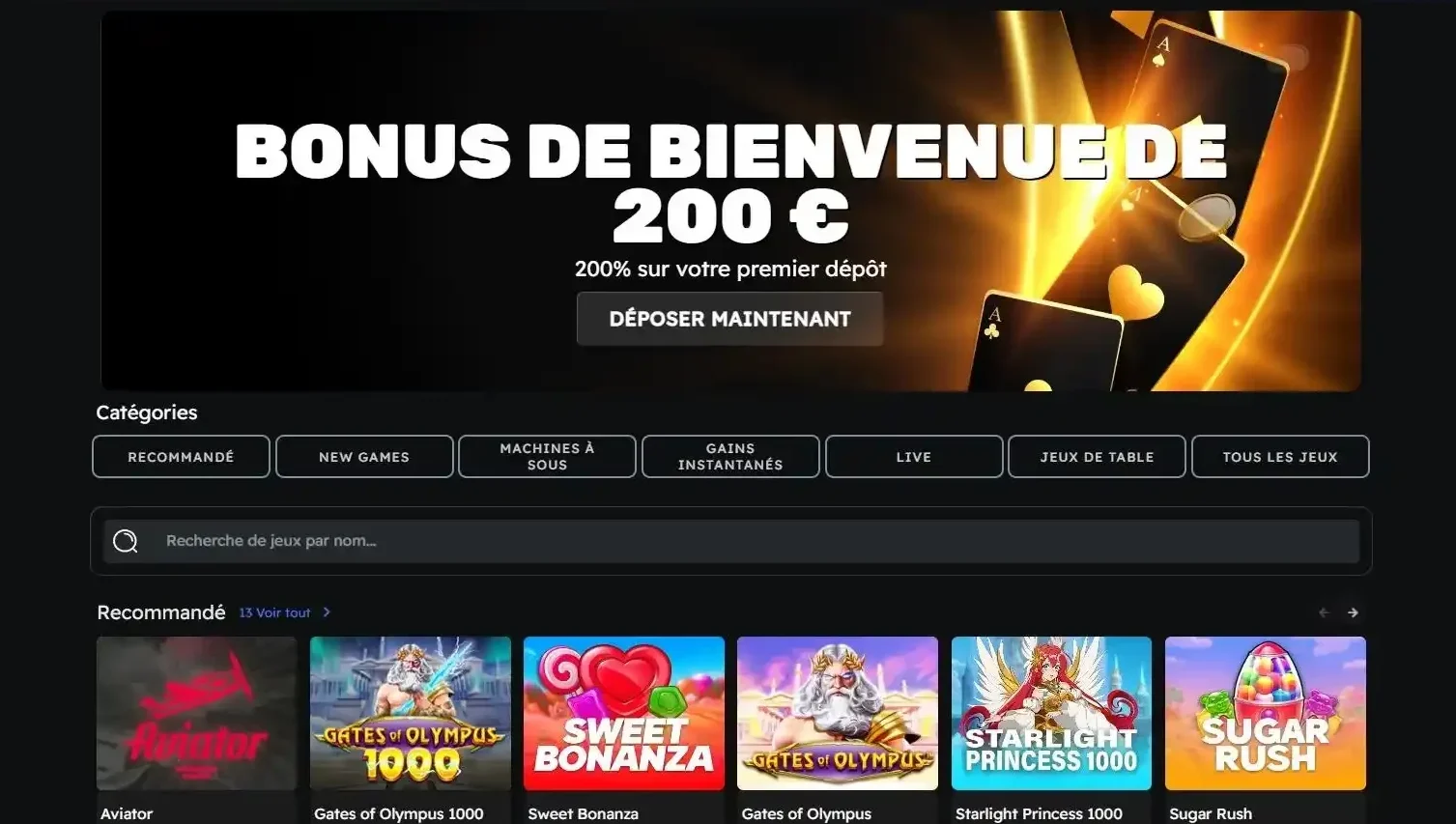 Betzino - interface moderne de la plateforme de jeux en ligne